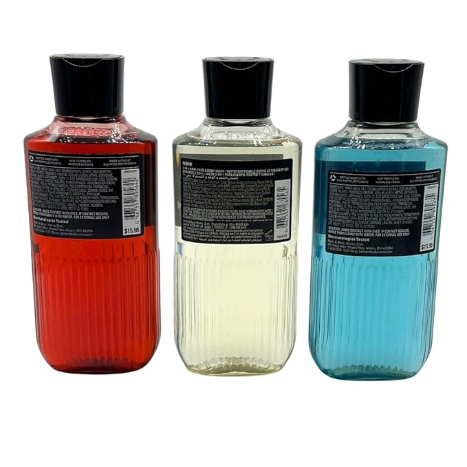 Bath &amp Body Works BOURBON NOIR OCEAN Men's Collection 3-in-1 Hair Face &amp Body Wash 3-piece Gift Set with a Blue Bow for Holidays - 10 fl oz each