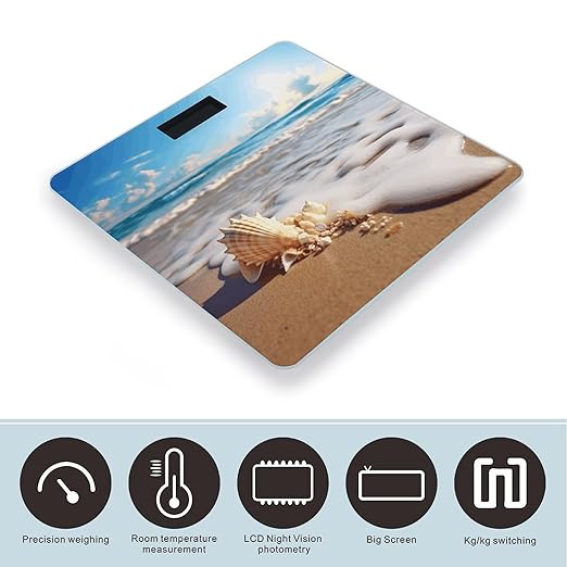 Beach with Shells Scale for Body Weight Sturdy Tempered Glass Weighing Scales with LCD Display Accurate Digital Bathroom Scale Convenient Body Fat Smart Scales 400lb