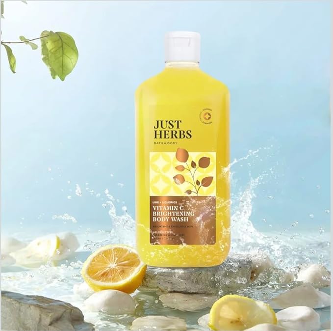 Just Herbs Vitamin C Brightening Body Wash with Lime and Liquorice for Men &amp Women | Hydrates Skin Reduces Hyperpigmentation &amp Maintains pH Level | Suits All Skin Types- 300 ml