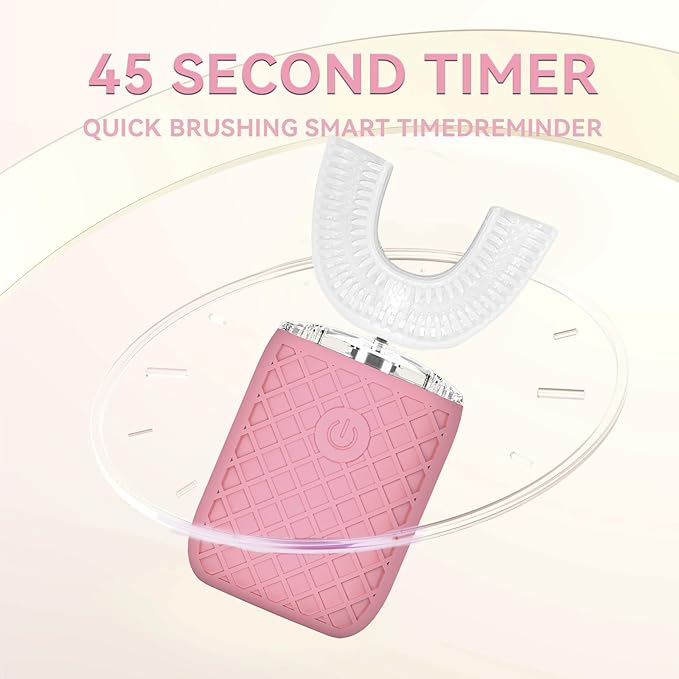 Adult Sonic Automatic Electric Toothbrush 360° Oral Cleaning Stain Whitening IPX7 Waterproof Rechargeable u-Shape Brush Head*3+Straight Handle Brush Head*2 (Pink)