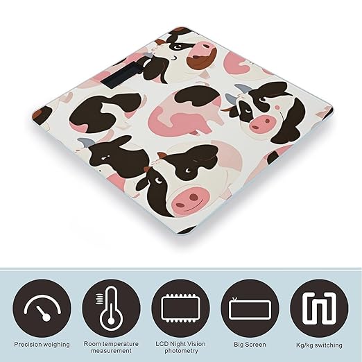 Cow Pattern Scale for Body Weight Accurate Digital Bathroom Scale Toughened Glass High Precision Scales Smart Weight Scales with Large LCD Backlight Display Weighing Machine