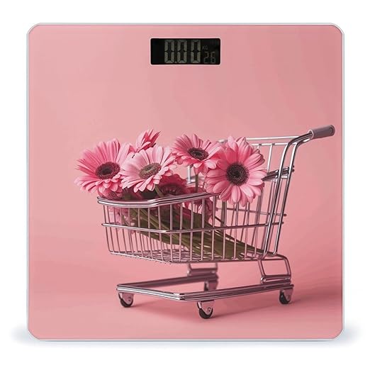 Flowers in Shopping Cart Scale for Body Weight Sturdy Tempered Glass Weighing Scales with LCD Display Accurate Digital Bathroom Scale Convenient Body Fat Smart Scales 400lb