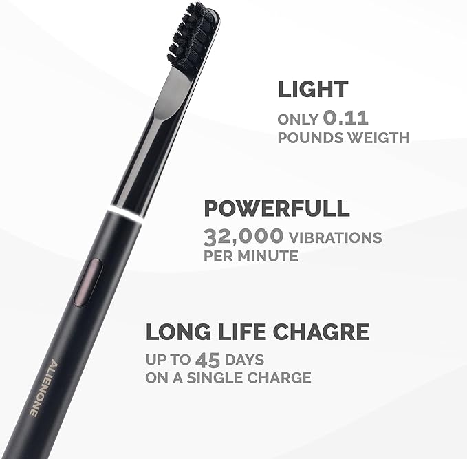 ALIENONE Ultra Slim Sonic Electric Toothbrush - Smart Pressure Sensor for Sensitive Teeth &amp Gums 32000 Vibrations IPX6 Waterproof Aluminum Body 45-Day Battery Wireless USB Charging &amp Trav