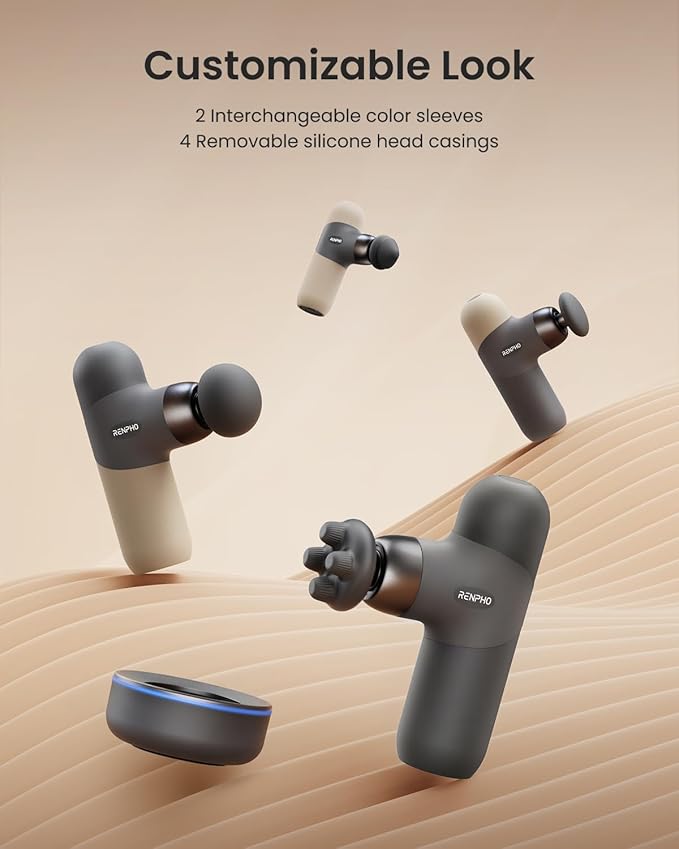 RENPHO Mini Thermal Deluxe Massage Gun with Quick Charging Dock and Heat Color Silicone Sleeves Travel Size Percussion Massager with Carry Case Portable Deep Tissue Muscle Massager