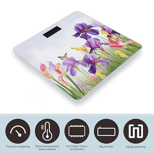 Iris Flower Butterfly Scale for Body Weight High Precision Digital Weight Scales with LCD Display Anti-Slip Sturdy Slim Tempered Glass Bathroom Scale for Home Use