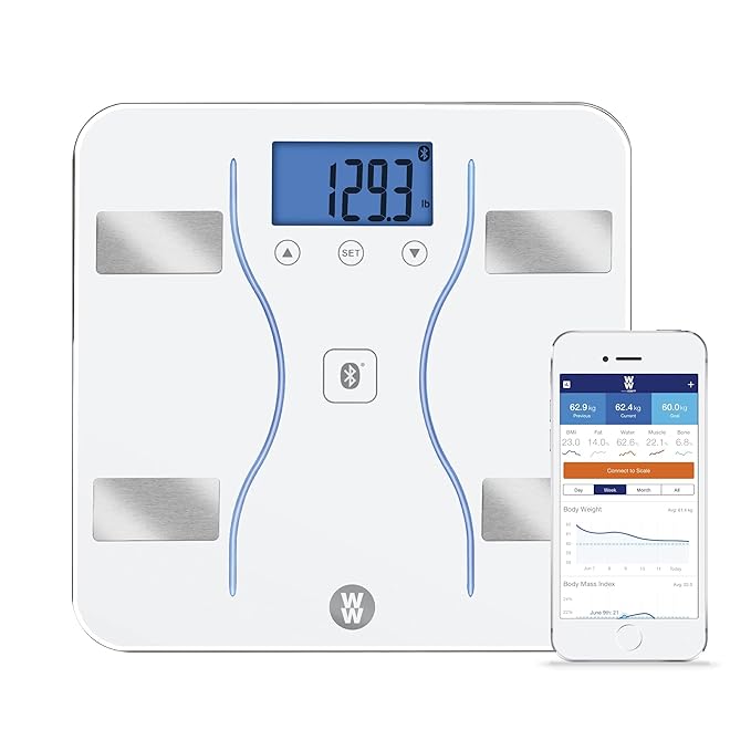 Weight Watchers Scales by Conair Bathroom Scale for Body Weight Glass Digital Scale Body Analysis Measures Body Fat Body Water BMI Bone Mass &amp Muscle Measures Weight up to 400 Lbs White