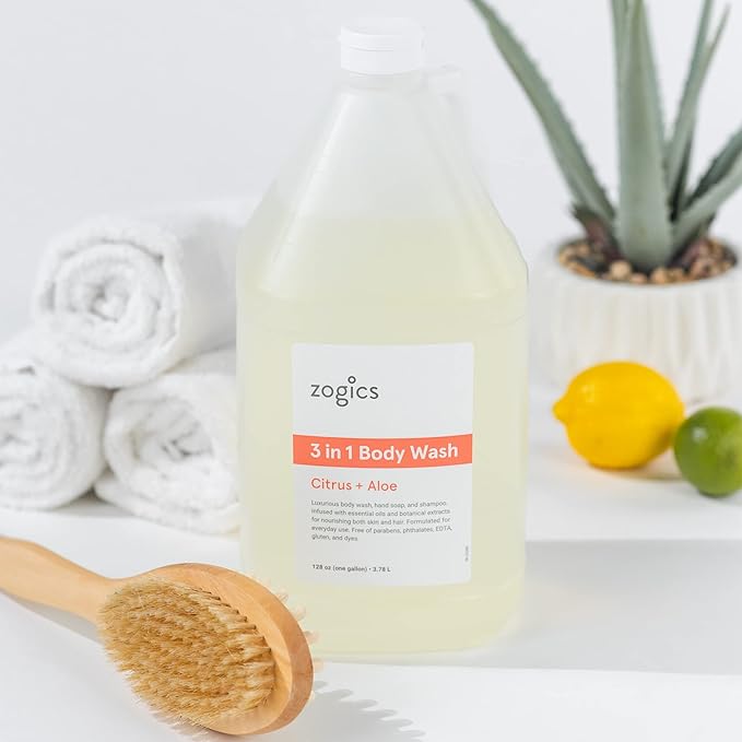 Zogics 3-in-1 Body Wash – Body Soap Shampoo and Hand Soap Liquid Refill All-in-One Hydrating Plant-Based Formula Refreshing Citrus + Aloe Scent (4 Gallons/Case)