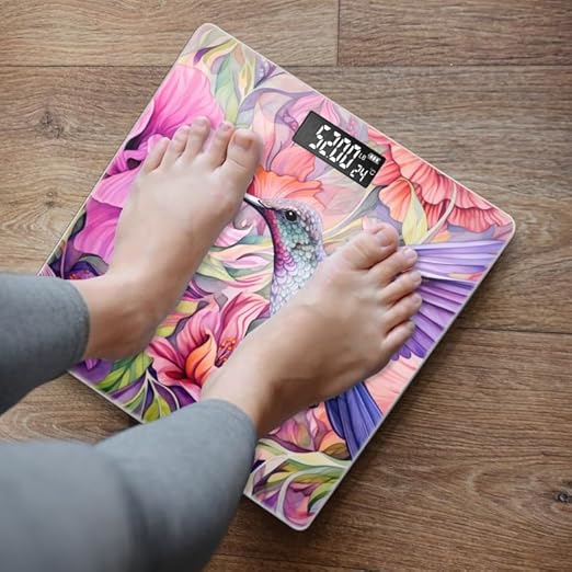 Digital Scale for Body Weight Highly Precision Bathroom Weight Scale 400 lbs with Backlit Display Personalized Scale for Home-Beautiful Hummingbird Surrounded by Pastel Flowers