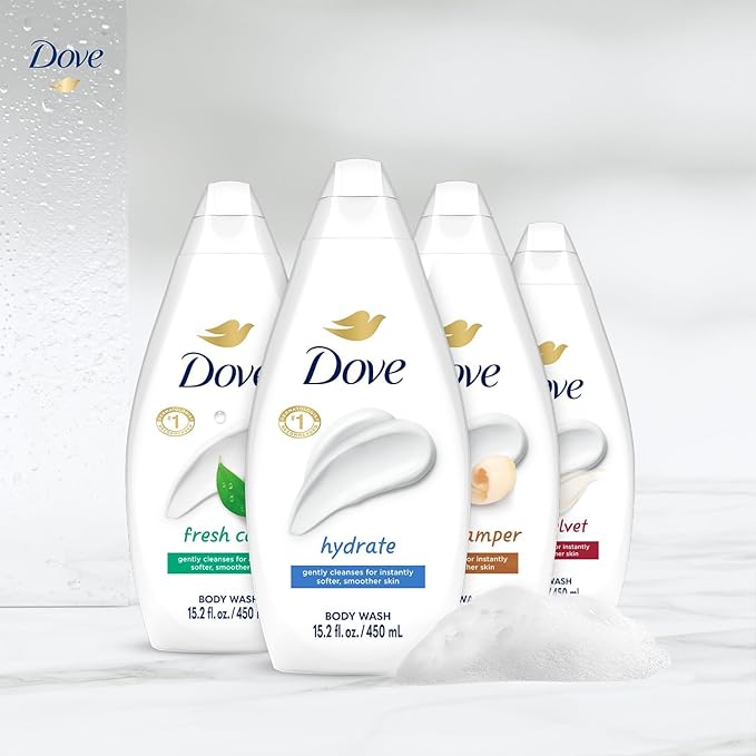 Dove Body Wash Variety 6-Pack – Hydrate Gentle Pamper Fresh Care and Silky Velvet 15.2 Oz Ea