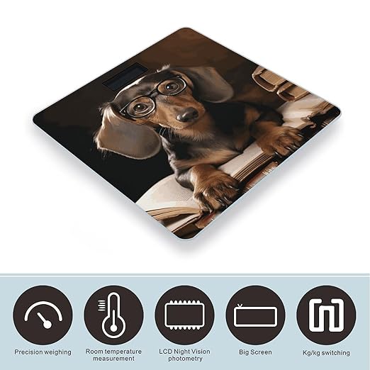 Dachshund Book Bathroom Scale Automatic Power On/Off Body Scales LCD Backlight Display Square Digital Scale Rounded Corners Bathroom Scales for Home Bedrooms