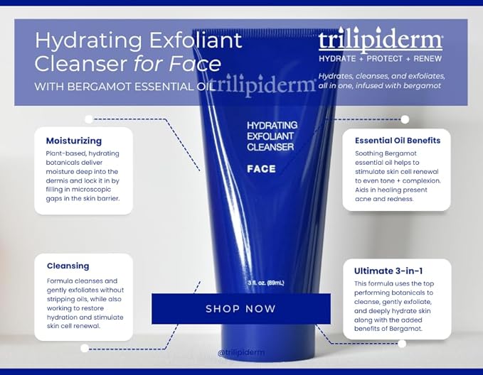 Trilipiderm Hydrating Exfoliant Cleanser – 3-in-1 Face Cleanser Scrub &amp Hydrator Fragrance-Free Daily Facial Cleanser Travel Size 3 Ounce Tube