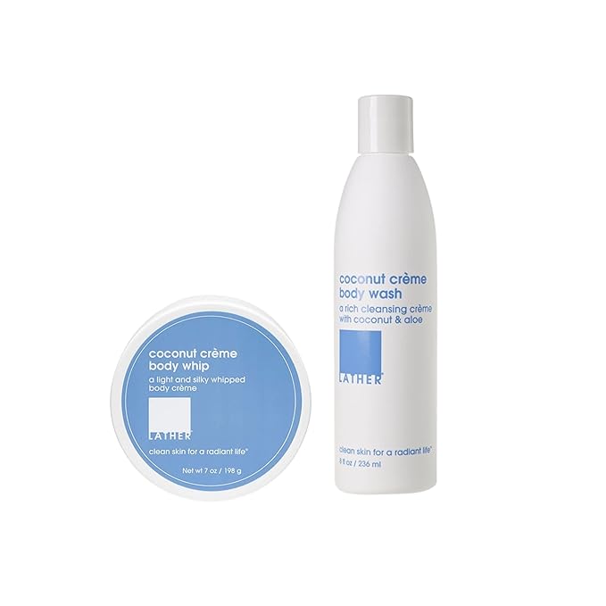 LATHER Coconut Crème Body Whip 7 Ounce + Coconut Crème Body Wash 8 Fl Oz Bottle | Gentle &amp Natural Coconut Body Wash + Moisturizer