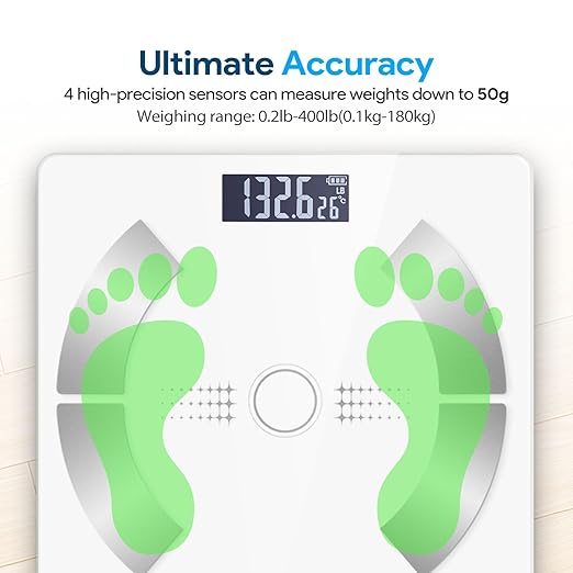 Accurate LED Display Bathroom Scale with Mobile App for Body Composition Analysis Smart Digital Body Fat Scale (White)