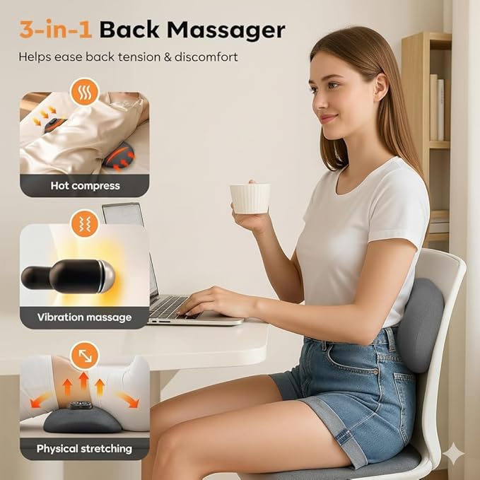 3 in 1 Back Massager for Spine and Lower Back Electric Lumbar Massager with Heat Spine Massage Pillow with Traction Support for Home and Office Comfort (Grey)