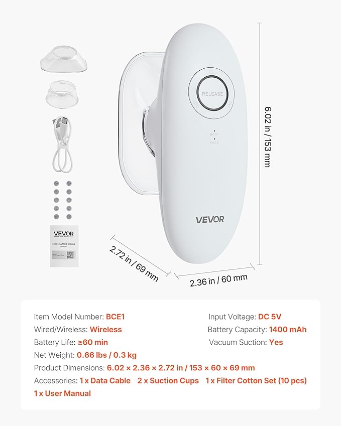 VEVOR Body Sculpting Machine 3-in-1 Electric Cellulite Massager with 3 Adjustable Functional Modes Skin Tightening Cupping Therapy Tool with 60 Min Wireless Use for Back Belly Waist Arms Legs