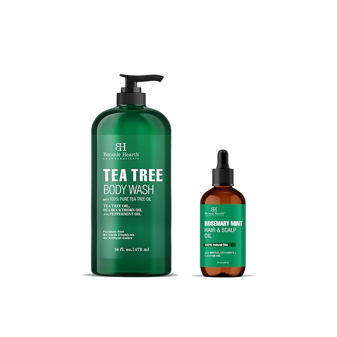 Botanic Hearth Rosemary Mint Hair Oil 2 fl oz + Tea Tree Body Wash 16 fl oz – Hair &amp Body Care Combo with Pure Tea Tree Oil – Refreshing Cleanse – Sulfate &amp Paraben Free – For Men &amp Women