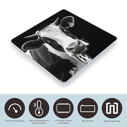 Animal Funny Cow Head Black White Scale for Body Weight Safe Rounded Corners Tempered Glass Digital Bathroom Scale LED Display 400lb Capacity Weight Scales with High Precision Sensors