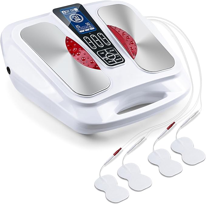 EMS Foot Massager with HeatTENS Electronic Muscle Circulation Stimulator with 4 Electrode Pads for NeuropathyRelieves Swelling Fatigue Plantar Fasciitis-Silent Operation ((White)