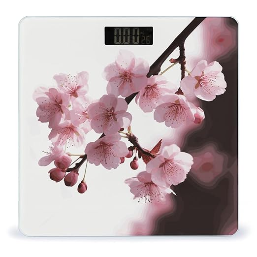 Tempting Cherry Blossoms Scale for Body Weight Anti-Slip Digital Bathroom Scale Sturdy Toughened Glass Weighing Scales High Precision Safe Rounded Corners Smart Scales