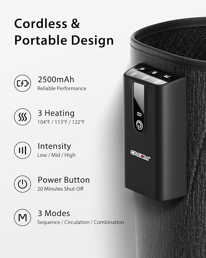 CINCOM Leg Massager with Heat and Air Compression Cordless Calf Massager for Circulation and Pain Relief Rechargeable Leg Compression for Edema Relief