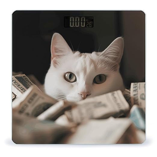 White Cat and Pile of Dollars Scale for Body Weight Digital Bathroom Scale Accurate Smart Weight Scales with Large Display Weighing Machine High Precision Scales