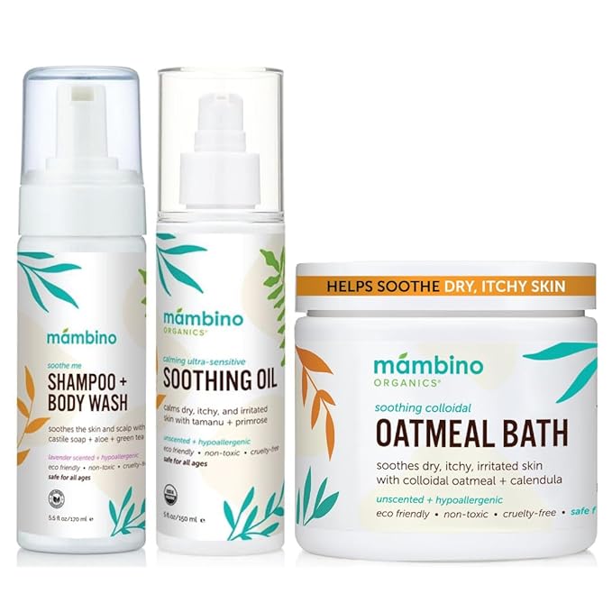 Mambino Organics Soothing Bath Set Organic Oatmeal Bath Soak Soothe Me Shampoo &amp Body Wash and Calming Oil Gentle for Sensitive Skin Vegan Baby Bath Essentials 3-Pack 5.5 oz Each