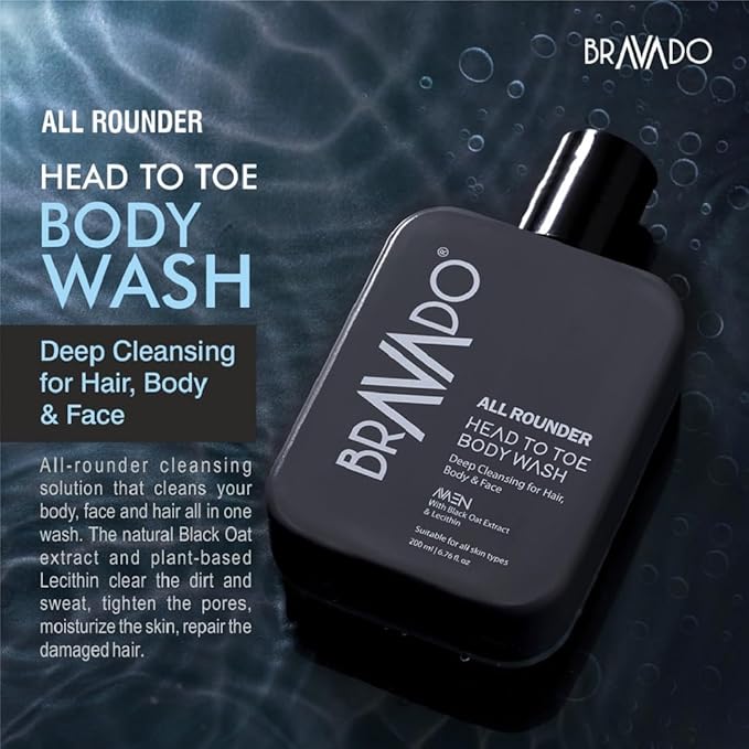 BRA.VADO All Rounder Head to Toe Body Wash | 3-in-1 Gentle Formula for Hair Body &amp Face | Deep Cleansing &amp Hydrating with Black Oat &amp Lecithin | Refreshing Toxin-Free Perfect for Daily