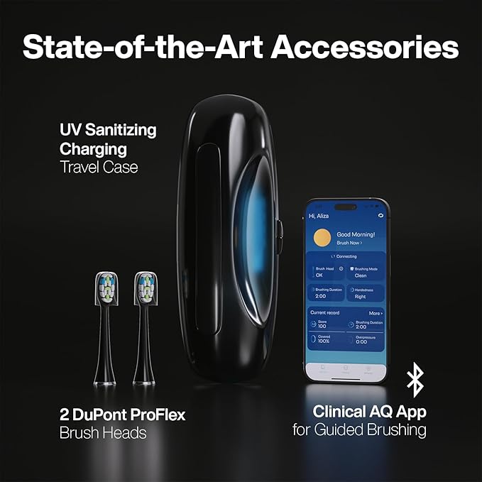 Aquasonic Clinical AQ Ultra-Whitening Smart Toothbrush with Touchscreen Bluetooth &amp Brushing Coach - 2 Brush Heads &amp UV Sanitizing Charging Case