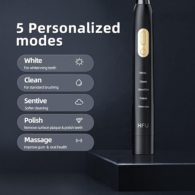 KFU Sonic Electric Toothbrush White 4 Cleaning Modes 3 Replacement Brush Heads Included