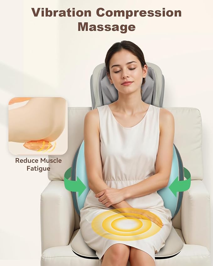 Shiatsu Neck Back Massager with Heat 2025 Upgraded Massage Chiar Pad with Height Adjustment Compression Vibration Full Body Seat Massager for Home Office