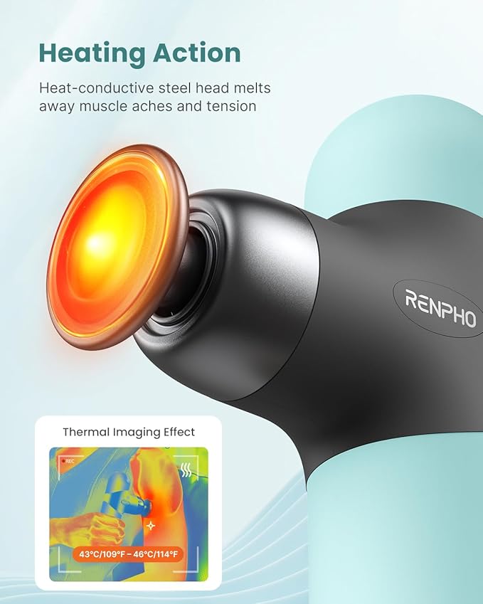 RENPHO Mini Thermal Massage Gun with Heat Portable Deep Tissue Percussion Massager with 4 Heads for Neck &amp Back Comfort Ultra-Quiet Operation for Home Office &amp Travel Includes Compact Carr