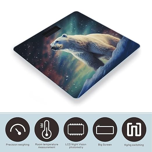 Northern Lights Polar Bear Bathroom Scale Large LCD Backlight Display Digital Scale Rounded Corners Body Scales Automatic Power On/Off Bathroom Scales for Home Bedrooms