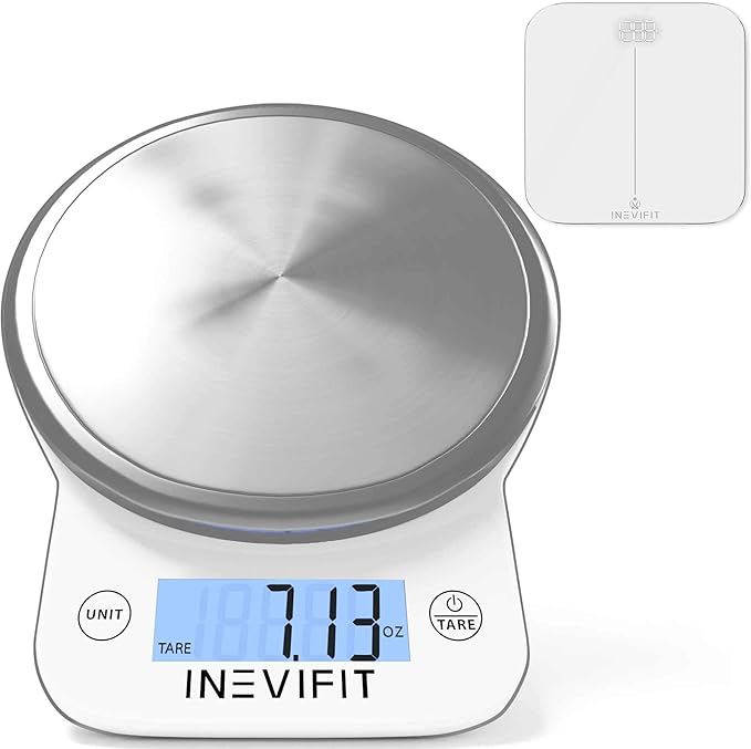 INEVIFIT Bathroom Scale &amp Digital Kitchen Scale Fitness Bundle Complete Body Composition and Nutrition Tracking Solution with Batteries Included