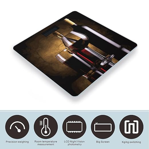 Three Wine Bottles and Glass Over Bathroom ScaleHighly Accurate Digital Weighing Machine for People Bright LED Display Weight Scale for The Aldult Home Use