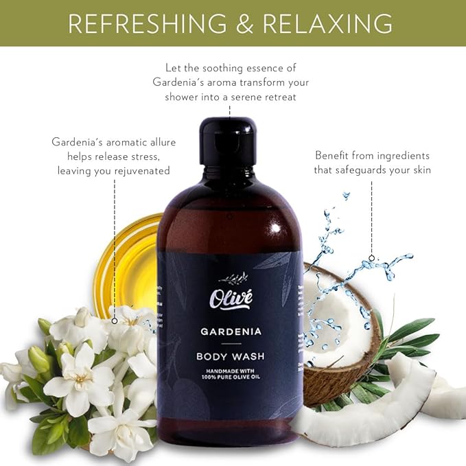 100% Pure Olive Oil Body Wash with Gardenia Scent – Made with Natural Ingredients | Gentle Cleansing &amp Hydrating Shower Gel for Soft Smooth Healthy-Looking Skin | 300ml Bottle