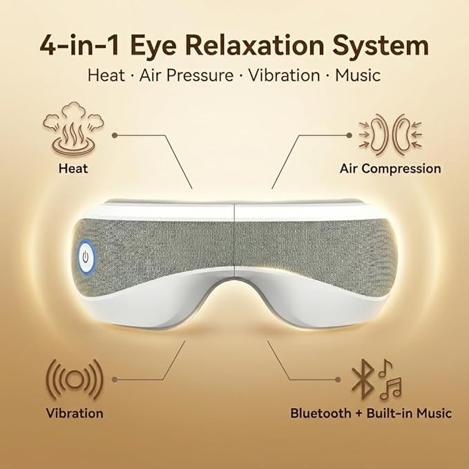 Eye Massager with Heat Air Compression &amp Vibration – Lightweight Heated Eye Mask with Bluetooth Music for Migraines Dry Eyes &amp Puffiness Relief Foldable Eye Therapy Gift for Women &amp Men