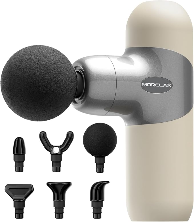 Morelax Mini Massage Gun Deep Tissue Portable Percussion Muscle Massager for Whole Body Pain Relief Electric Handheld Sport Massager with 6 Massage Heads 4 Speed Best Gift (Silver Beige)