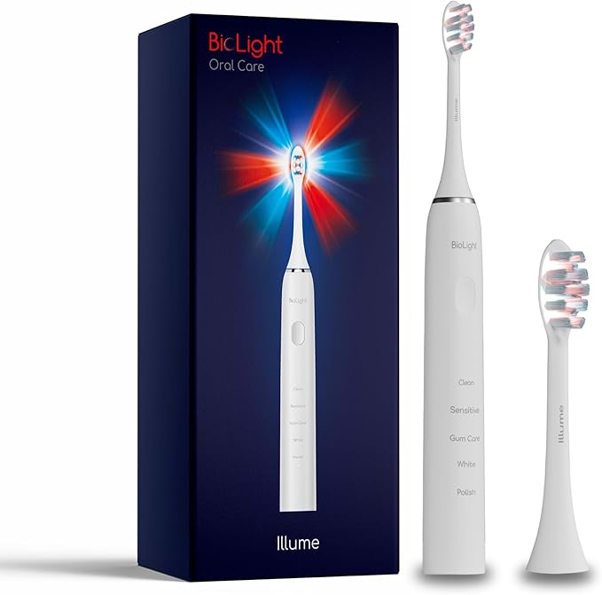 BIOLIGHT Illume Sonic Electric Toothbrush with Red &amp Blue Light Therapy – Professional Whitening Gum Care &amp Advanced Oral Hygiene - White