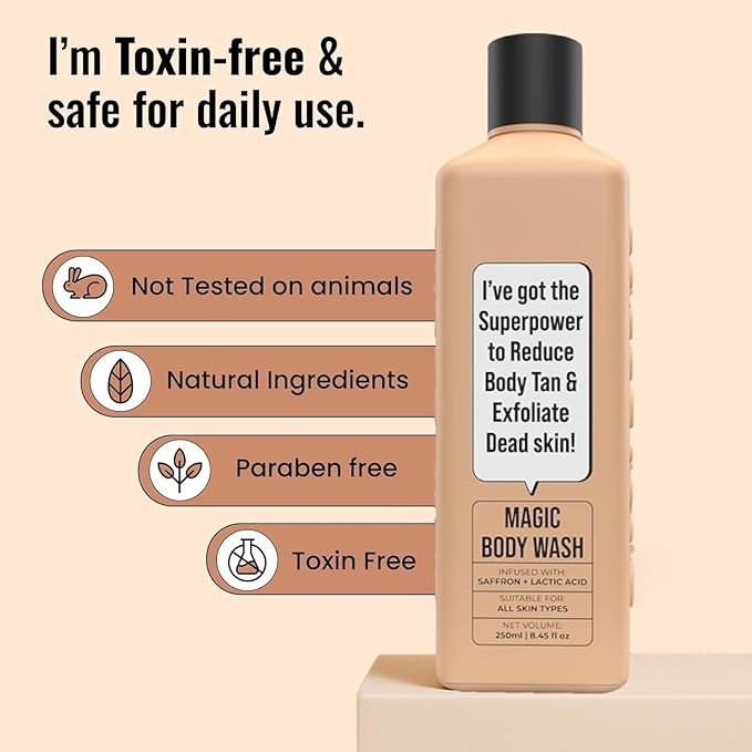 Body Wash for Tan Removal | Exfoliating Body Wash with Saffron Lactic Acid &amp Niacinamide | Detan body wash | Removes Tan &amp Evens Skin Tone | Paraben &amp SLS Free (8.45 fl.oz)