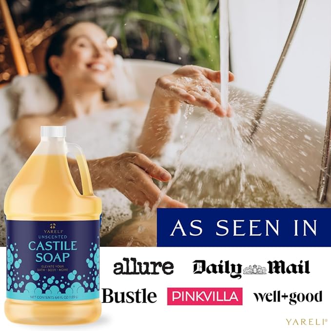 YARELI Pure Castile Soap Liquid Unscented with All Organic Oils for Adults Kids and Babies as Body Wash or Hand Soap 64oz Refill