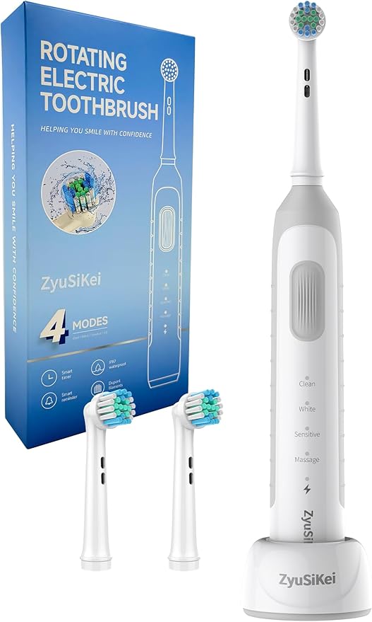 Rotating Electric Toothbrush for Adults with 4 Modes Round Head and USB Charging Base - for Sensitive Gums IPX7 Waterproof (White)