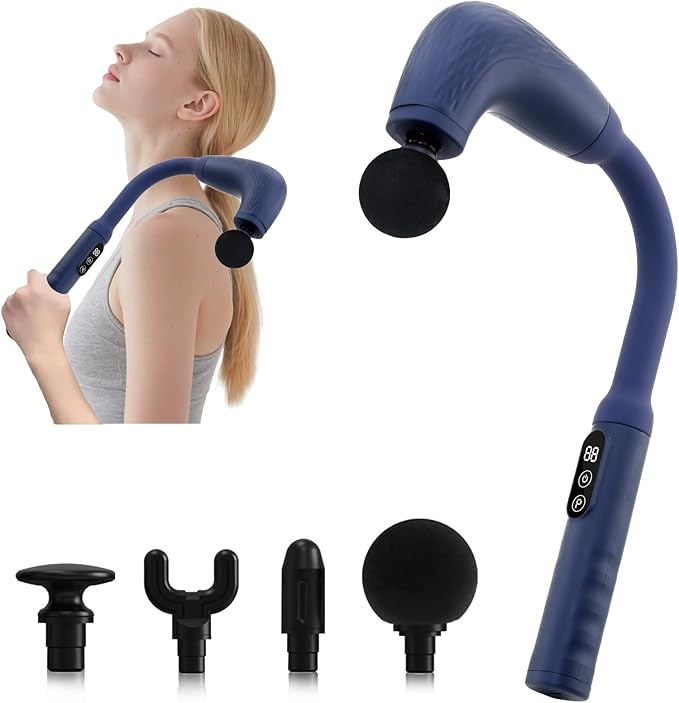 Massage Gun with Upgraded Extension Handle Back Massager for Pain Relief Deep Tissue Muscles/Neck/Shoulders/Waist/Legs Massager with 4 Massage Heads &amp 6 Speed Levels &amp 3 Massage Modes Blue