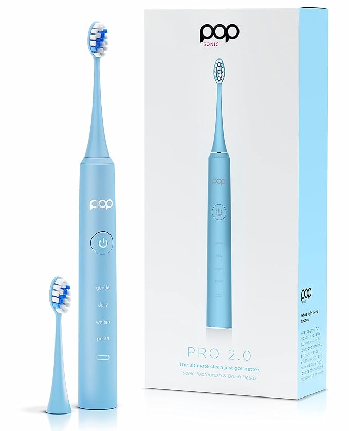 Pop Sonic Pro 2.0 Electric Toothbrush (Blue) Rechargeable Sonic Toothbrush with 45000 Vibrations Per Minute &amp 4 Cleaning Modes for Adults &amp Kids with Long Lasting Dupont Nylon Bristles