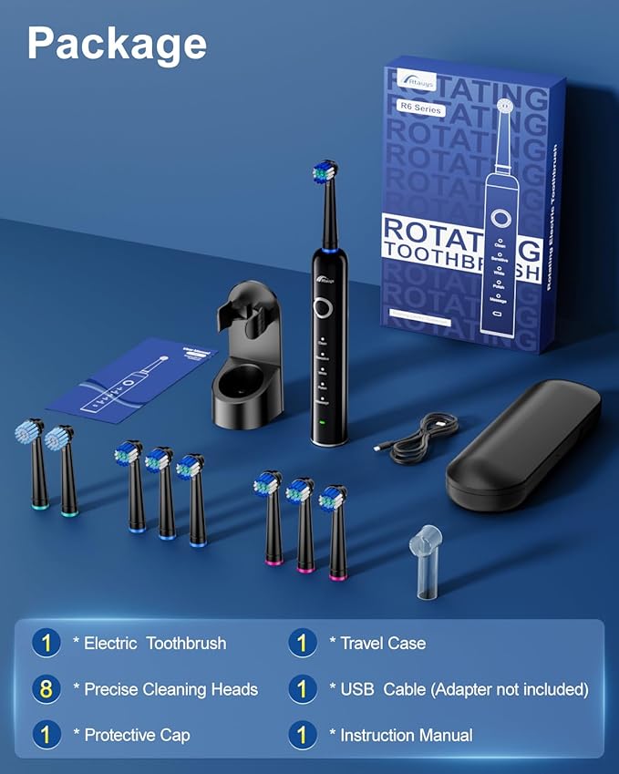 Rtauys Rotating Electric Toothbrush for Adults with 8 Brush Heads (2 Types) 5 Modes Rechargeable Power Toothbrush with Travel Case and 2 Minute Smrte Timer