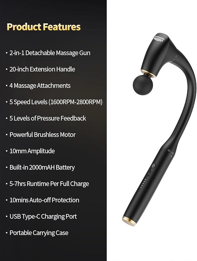 2-in-1 Detachable Percussion Massage Gun with Extension Handle Back Massager for Pain Relief Deep Tissue Muscle Massager for Arm Shoulder Lower Back Thigh Waist Gifts for Women  FSA-HSA Eligible