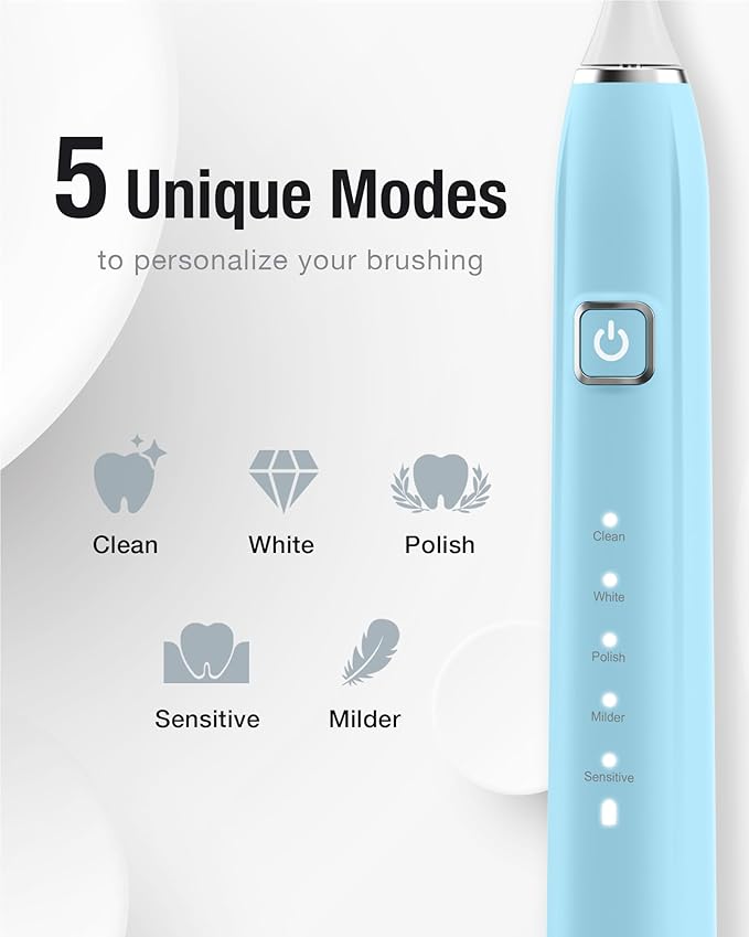 7AM2M Sonic Electric Toothbrush with 6 Brush Heads for Adults&ampKids One Charge for 120 Days Wireless Fast Charge 5 Modes 40000VPM Powered Toothbrush 2 Minutes Built in Smart Timer (Light Blue)