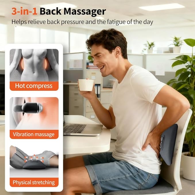 Smooth Spine Triple Fusion Back Massager for Sciatica Pain Relief 3-in-1 Lumbar Traction Device with Heat and Vibration Lower Back Stretcher for Office Chair &amp Car Support