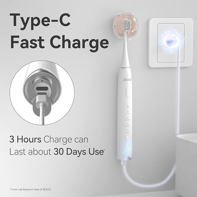 SEAGO Electric Toothbrush for Adults with Pressure Sensor Sonic Toothbrushes Holder Wall Mounted 30 Days Battery Life 5 Cleaning Modes 8 Replacement Heads Timer &amp IPX7 Waterproof(White Middl