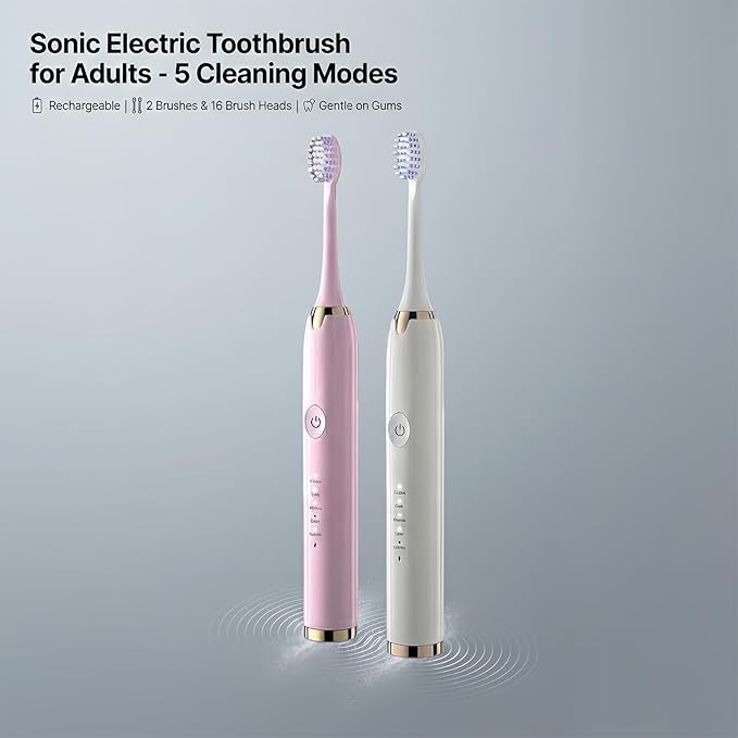Electric Toothbrush for Adults 2 Pack Rechargeable Sonic Electric Toothbrush Cordless Battery Operated Toothbrush with 5 Modes 16 Brush Heads Travel Toothbrush Set (2PCS Blue)