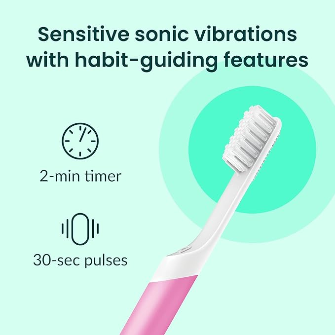 Quip Sonic Electric Toothbrush for Adults - Time Travel &amp Soft Bristles with Travel Case &amp Replacement Brush Head - 3 Month Battery Life Plastic Handle - Magenta